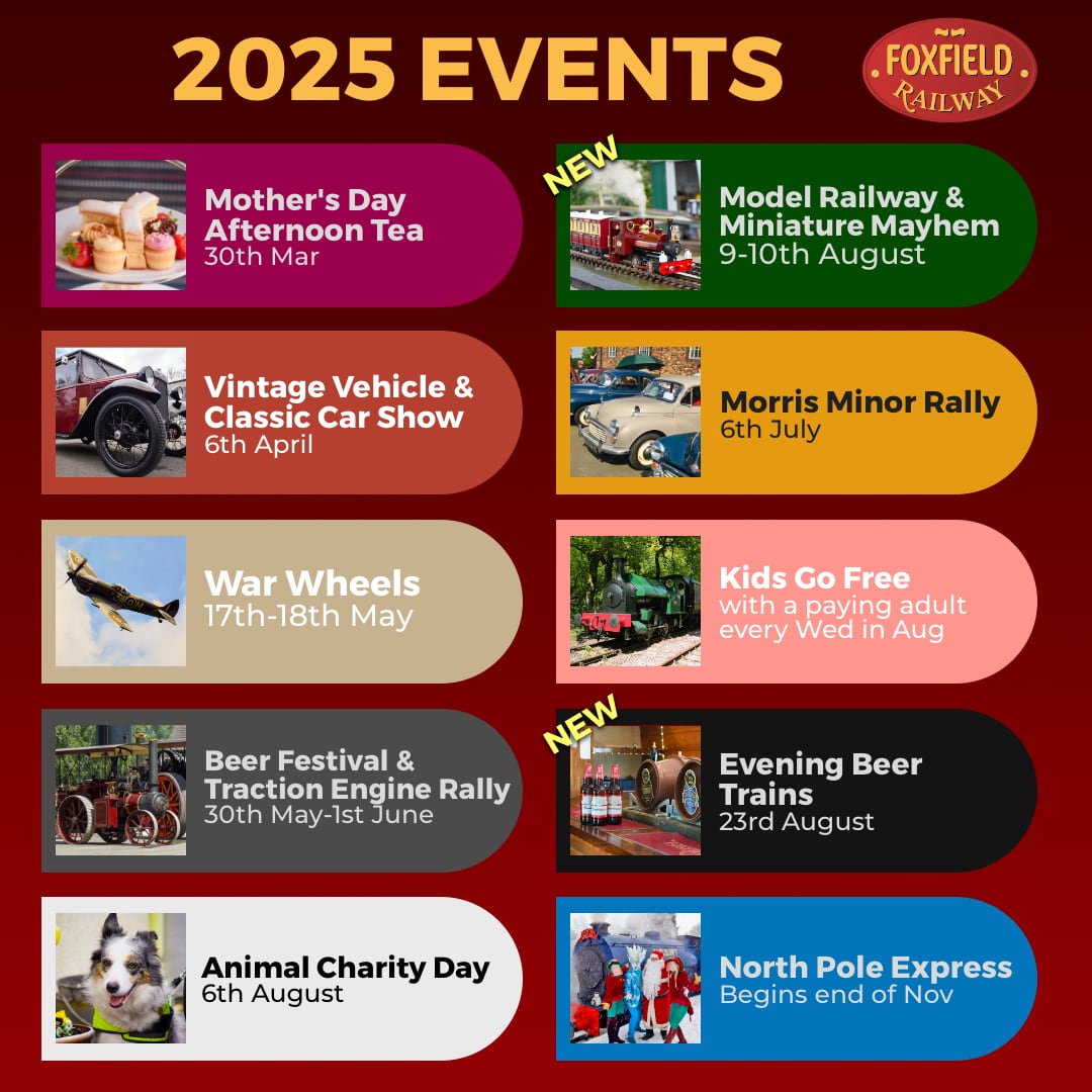 Our 2025 train season starts on Mother's Day, and we're delighted to announce two NEW events this year: our first ever Model Railway & Miniature Mayhem weekend, and Evening Beer Trains!  There's also Knotty Heritage Trains, Driver Experience Courses, and more!